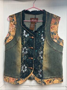 Chagall Denim Floral Embellished Vest in Green and Gold